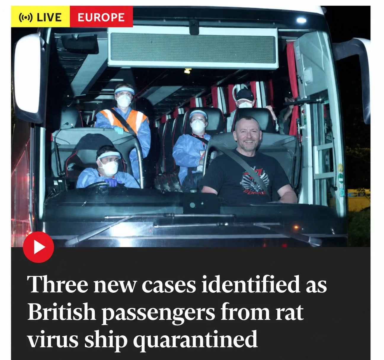 Satirical breaking news image of a bus connected to a rat virus headline
